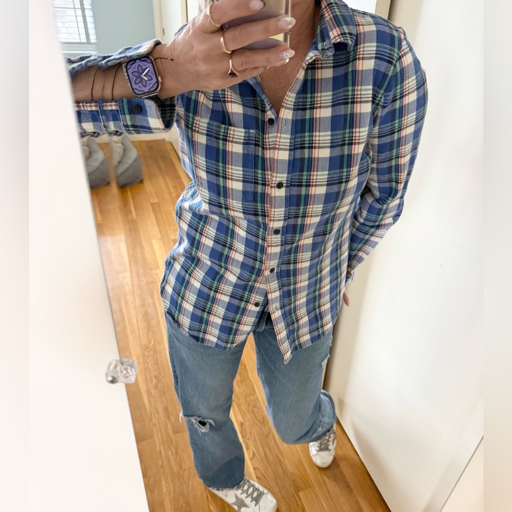 Madewell Classic Plaid Flannel Shirt | Blue Green White | Size M - Picture 4 of 11